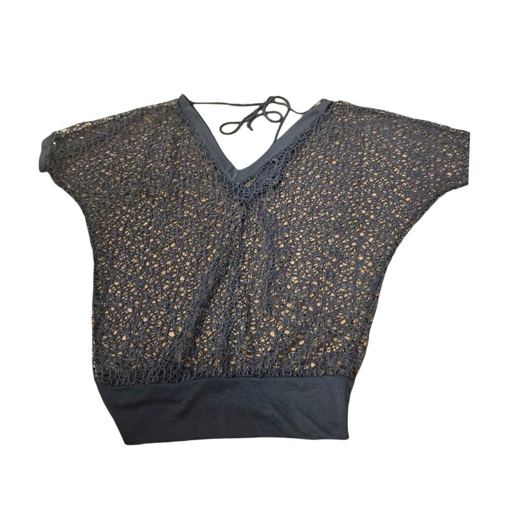 Rue21‎ Womens Black Crochet Lace V-Neck Short Sleeve Blouse Top Tie Back